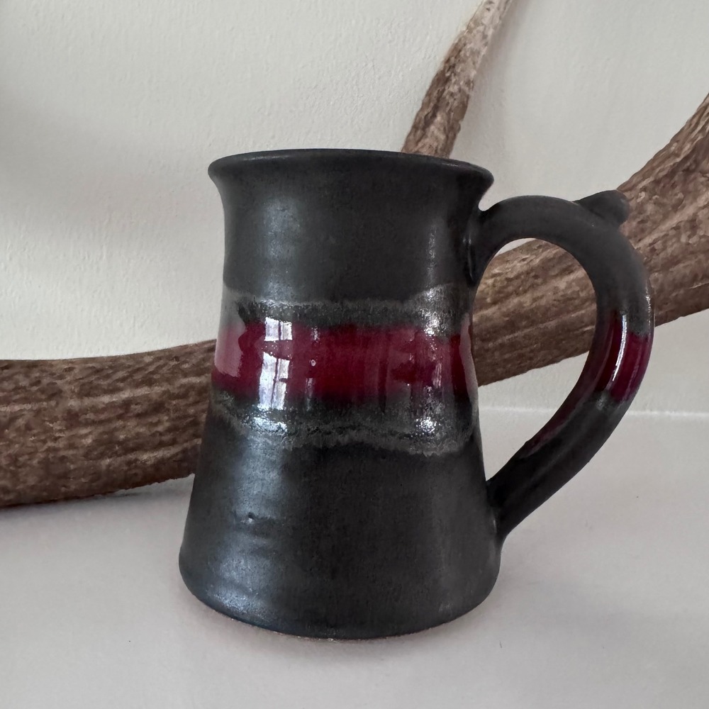 Mountain Art Studio Pottery Mug Matte Black Glossy Red Band Handcrafted Ceramic